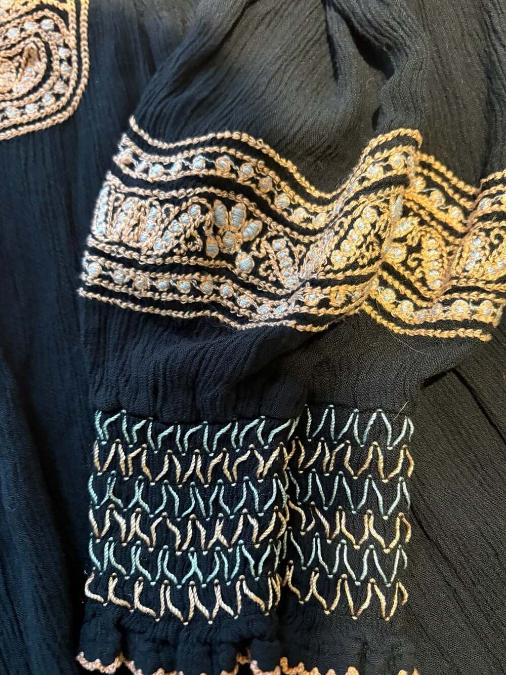 Free People Wind Willow Embroidery Dress Black Mini Flowy Gypsy Summer Tunic - Picture 5 of 5